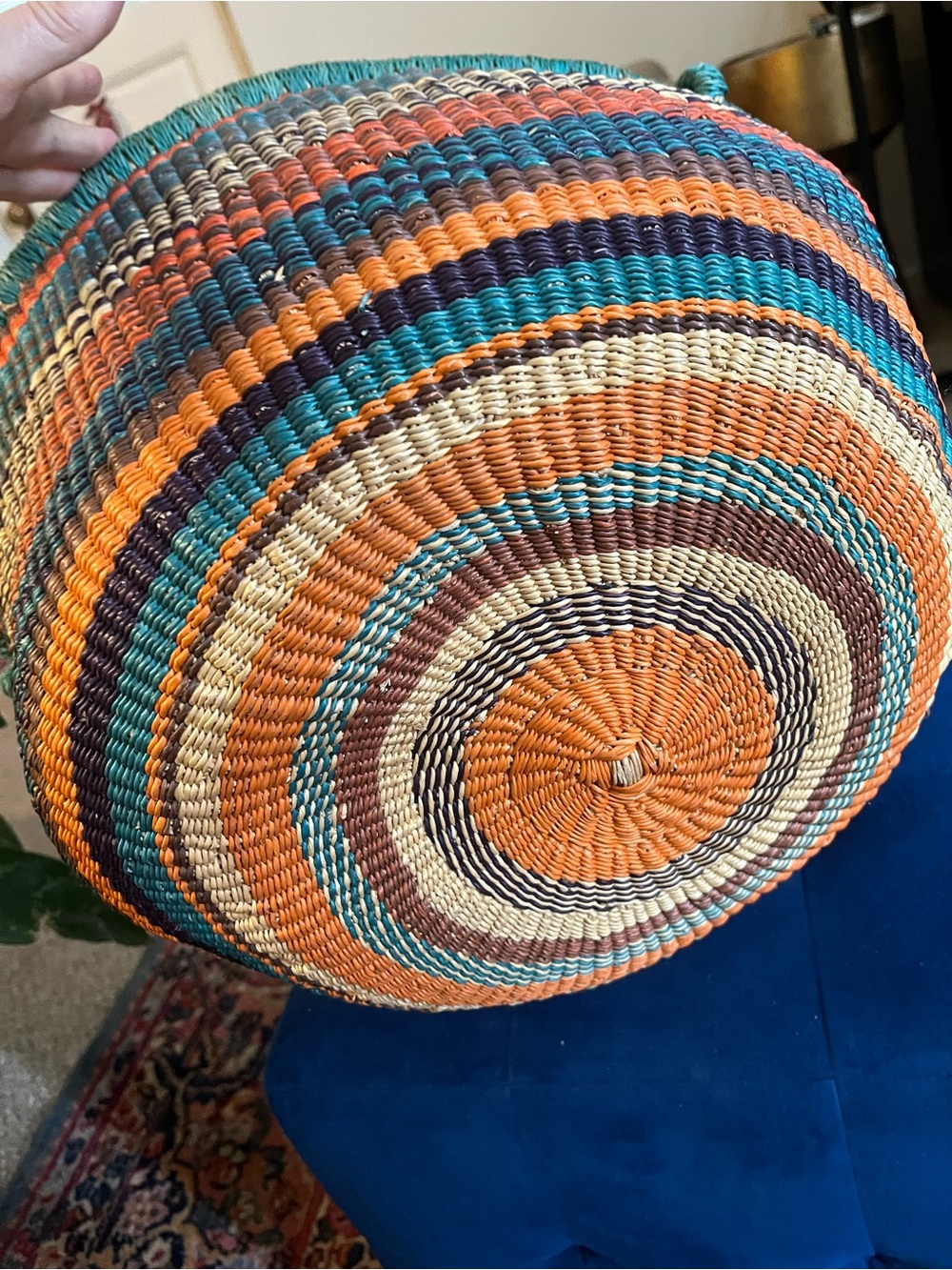 Xl Handwoven Multicolor Bolga Market Basket with Leather Handle - Picture 4 of 5